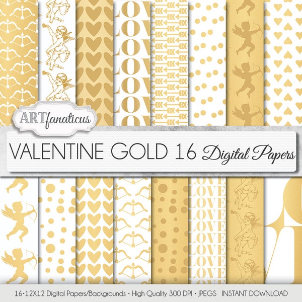 Gold Metallic Digital Papers "VALENTINE GOLD" Gold backgrounds,cupids, hearts, love sign, gold arrows, dots for photographers, scrapbooking