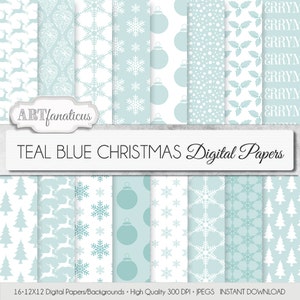 Christmas "TEAL BLUE CHRISTMAS" digital papers, designs, holiday, snowflakes, ornaments, christmas, bows, reindeer, tree and more