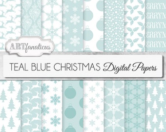 Christmas "TEAL BLUE CHRISTMAS" digital papers, designs, holiday, snowflakes, ornaments, christmas, bows, reindeer, tree and more