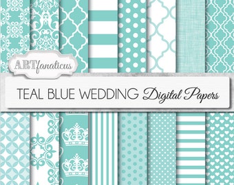 Teal blue papers "TEAL BLUE WEDDING" Designs in designer blue, crowns, damask, linen weave, dots, stripes, for parties, showers and more
