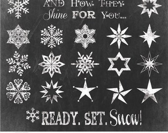 Może przedstawiać: Czarna tablica z białymi rysunkami śnieżynek i gwiazd wykonanymi kredą. Na tablicy napisano "LOOK at the Stars AND HOW THEY Shine FOR YOU... *READY. SET. Snow!" . Na dole tablicy napisano "SNOWFLAKE & STAR CHALK Clip Art".