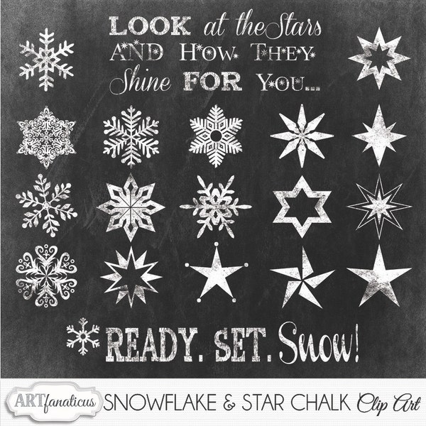 Christmas Chalk Cliparts "SNOWFLAKE & STARS Clip Art" chalk clipart, winter clipart, blackboard perfect for photographers, invitations