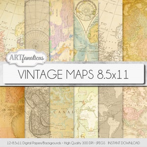 Mapas vintage 8.5x11 papel digital, "VINTAGE MAPS" fondos, mapas antiguos, mundo antiguo, globo, América, Europa, Asia, Australia, scrapbooking