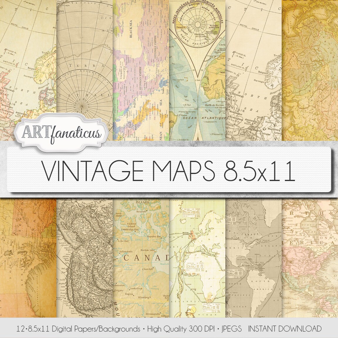 Vintage Map Digital Paper, scrapbook backgrounds