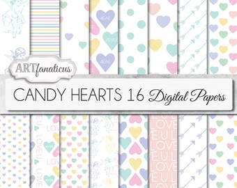 CANDY HEARTS 16, digital papers, candy hearts, Valentine's Day candy, cherubs, pastel hearts, love hearts, LOVE, invitations & scrapbooking