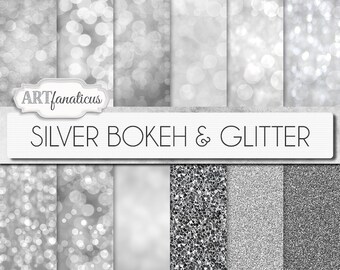 Silver bokeh papers "SILVER BOKEH & GLITTER" bokeh overlay, silver bokeh, digital backgrounds, glitter, bokeh for photographers,scrapbooking