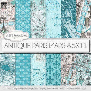 Paris Karten, 8.5 x 11 digital Papiere, "ANTIQUE MAPS PARIS" Paris Karte, alte Karten, blaue Karten, Fleur de Lis, französischer Karten für Scrapbook, Hintergründe