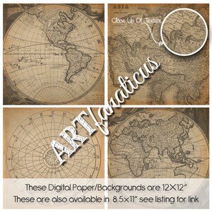 May include: Four vintage world maps in black and white with brown accents. The maps are arranged in a grid pattern. The top left map shows North and South America. The top right map shows Asia. The bottom left map shows a compass. The bottom right map shows the world.