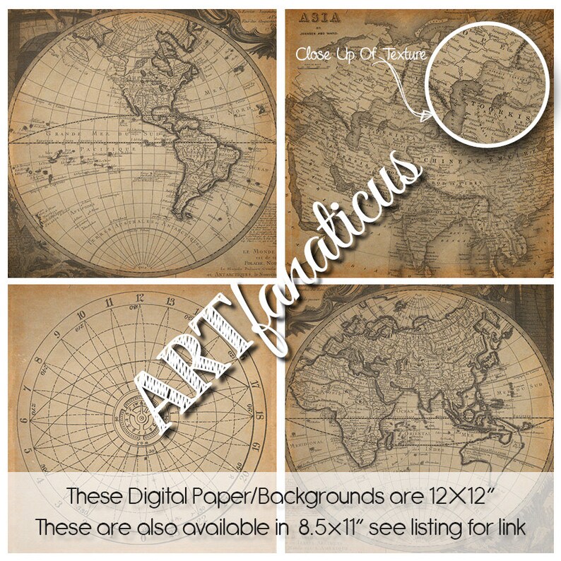 May include: Four vintage world maps in black and white with brown accents. The maps are arranged in a grid pattern. The top left map shows North and South America. The top right map shows Asia. The bottom left map shows a compass. The bottom right map shows the world.