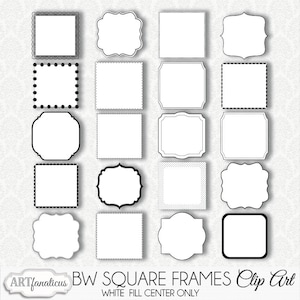 Op de afbeelding: Set van 16 zwarte en witte vierkante frames met verschillende randontwerpen. De frames zijn leeg en hebben een witte vulmiddelpunt. De tekst "BW SQUARE FRAMES Clip Art" en "WHITE FILL CENTER ONLY" staat onderaan de afbeelding.