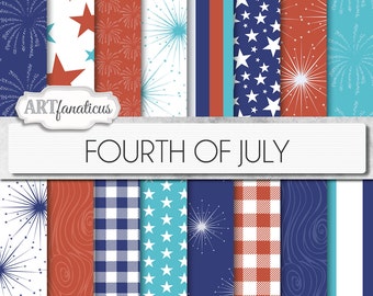 July 4th digital papers "Fourth of July" fireworks, red and blue, stars, stripes, gingham, faux bois, wood grain, Independence Day