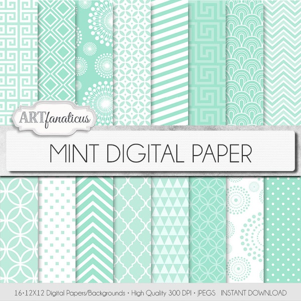 16 Mint digital papers "MINT" color backgrounds with chevron, polkadots, quatrefoil, greek key and more for scrapbooking, invitations, cards