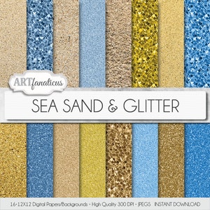 Digital papers beach sand, "SEA SAND & GLITTER" beach, sand, glitter, beach textures, sand photos,sand texture blue sky, gold, beach glitter