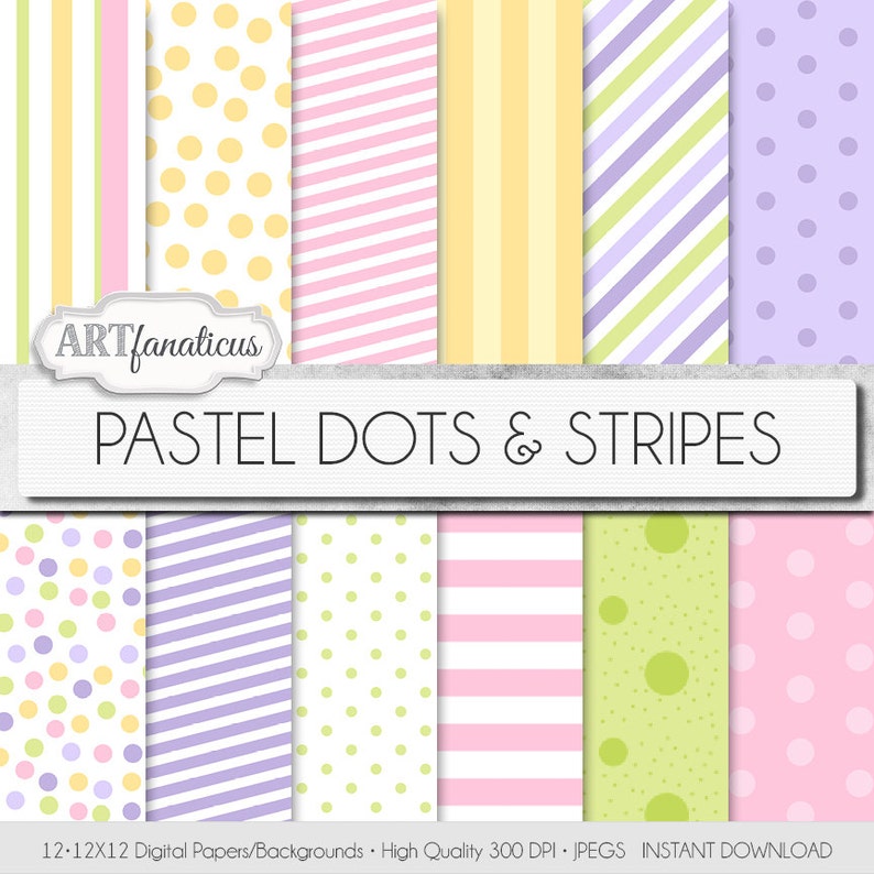 Pastel digital papers EASTER DOTS & STRIPES fun pastel colors, featuring polka dots and stripes for Easter projects for scrapbookers image 1