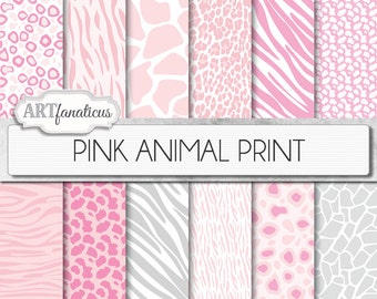 ANIMAL PRINTS 12x12 digital paper pink and white background, animal pattern, hot pink, leopard, gray, cheetah, giraffe, and zebra prints