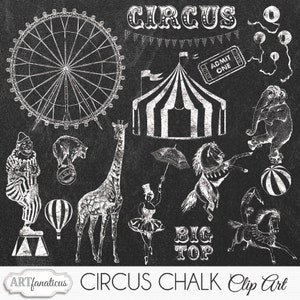 Circus krijt Clip Arts "CIRCUS KRIJT CLIPART" 20 hand getekende krijt circus illustraties & chalkboards clown, vlag, reuzenrad, paard, olifant tent