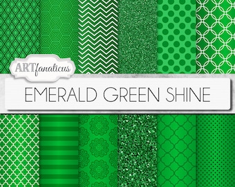 Green digital papers "EMERALD GREEN SHINE" background, emerald, glitter, chevron, quatrefoil, celtic knot, St. Patrick's, blog background