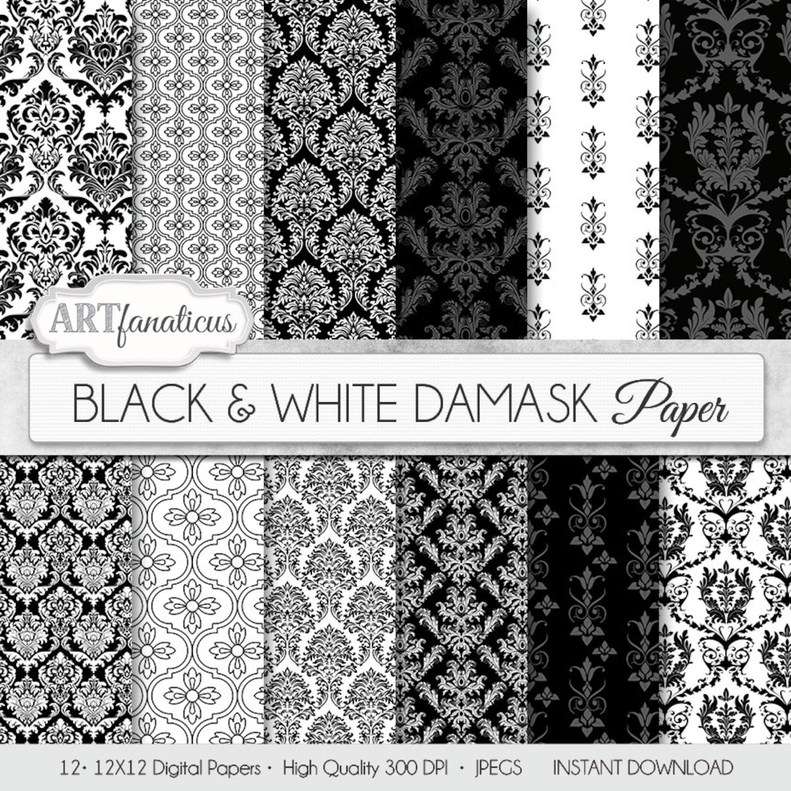 Damask digital papers BLACK & WHITE DAMASK Etsy