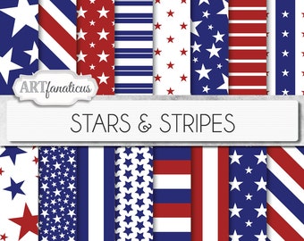 Red, white and blue 16 digital papers "Stars & Stripes" red stars, blue stars, red stripes, blue stripes, July 4th, Independence Day