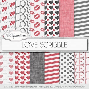 Love Digital Papers "LOVE SCRIBBLE" hand drawn backgrounds, kisses, red hearts, black hearts, linen texture for photographers,scrapbooking