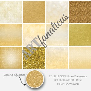 GOLD BOKEH & GLITTER, gold digital papers with gold glitter background, gold bokeh background, backgrounds for photographers, scrapbooking image 2