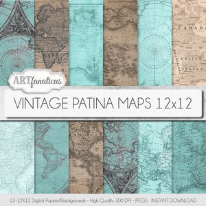 Vintage Karten 12 x 12 digital Papiere, "VINTAGE PATINA Karten 12 x 12" Hintergrund, patiniert, Jahrgang Karte, Weltkarte, Amerika, Europa, Asien, Australien