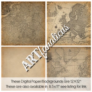 May include: Four vintage map images, each showing a different region of the world. The maps are in black and white with brown accents and have a distressed, aged look. The maps are 12x12 inches and are also available in 8.5x11 inches.