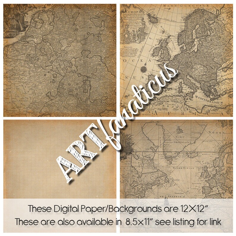 May include: Four vintage map images, each showing a different region of the world. The maps are in black and white with brown accents and have a distressed, aged look. The maps are 12x12 inches and are also available in 8.5x11 inches.