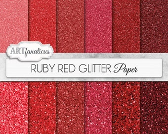 Glitter digital papers "RUBY RED GLITTER" shimmering glitter papers with fine glitter and chunky glitter, in multiple red glitter hues
