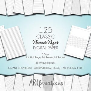 以下が含まれることがあります： 25種類のユニークなデザインで、125ページのクラシックなプランナーページが収録されたデジタルペーパーパック。A5、ハーフページ、A4、パーソナル、ポケットの5サイズが含まれています。デジタルペーパーは高品質で、300 PPI/DPI、50枚のJPEGと1枚のPDFが含まれています。