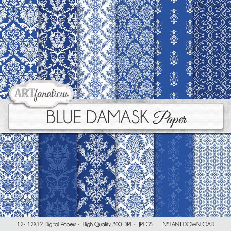 Blue Damask Papers blue Damask Elegant, Blue, Navy, White, Damask for