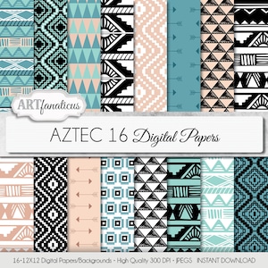 Tribal digital paper &quot;AZTEC&quot; digital paper tribal designs in blue, beige, black, white, arrows, triangles for scrapbooking, invitations etc