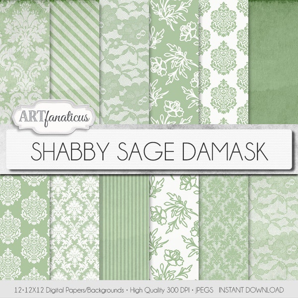 Shabby Green Damask digital papers "SHABBY SAGE DAMASK" elegant, rustic, green, lace, damask for weddings, baby shower, scrapbooking,invites