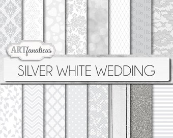 White wedding digital papers "SILVER WHITE WEDDING" 16 white wedding patterns, floral designs, bokeh, damask, quatrefoil, chevron, wood
