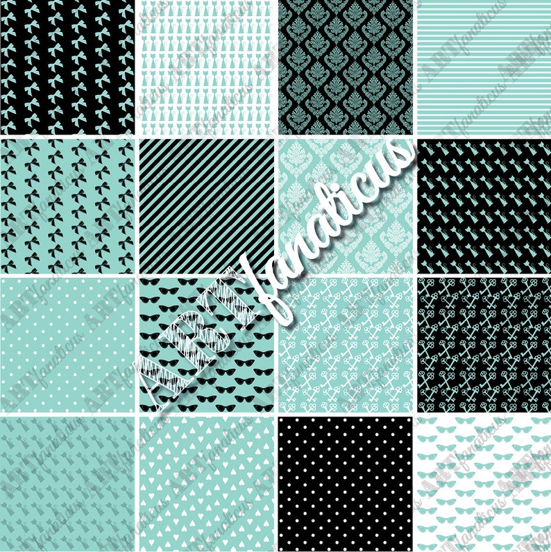 Teal digital papers TEAL & BLACK teal, bows, cats, sunglasses, breakfast keys,hearts for scrapbooking,parties, invites, cards, home decor image 3