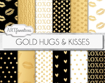 Shimmering Gold Digital Papers "GOLD HUGS & KISSES"  Gold backgrounds, kisses, hearts, kissing lips, xoxo for photographers, scrapbooking