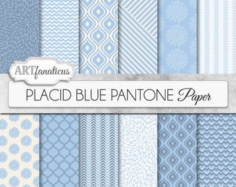 Blue digital papers "PLACID BLUE PANTONE" spring color, geometric design, quatrefoil,flower, sky blue, backgrounds for scrapbooking and more
