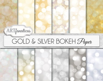 Digital papers bokeh "Gold & Silver Bokeh" Bokeh Overlay, Gold digital backgrounds, Bokeh Background for Photographers, invitations and more