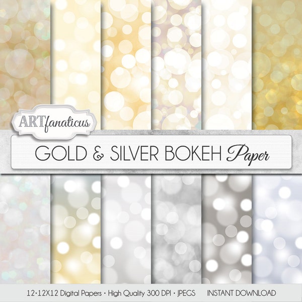 Digital papers bokeh "Gold & Silver Bokeh" Bokeh Overlay, Gold digital backgrounds, Bokeh Background for Photographers, invitations and more