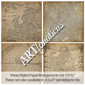May include: Four vintage map images, each with a different design, in shades of brown and beige. The maps are 12x12 inches and are also available in 8.5x11 inches.