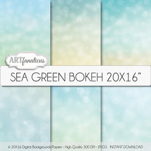May include: Six digital backgrounds featuring a blurred, abstract design with a sea green and blue color scheme. The text "SEA GREEN BOKEH 20X16" is displayed in a white rectangle at the top of the image. The text "6.20X16 Digital Backgrounds/Papers High Quality 300 DPI JPEGS INSTANT DOWNLOAD" is displayed at the bottom of the image.