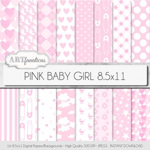 Papéis para bebé menina "PINK BABY GIRL" 8,5x11, fundo branco e rosa, alfinete de fralda, corações rosa, guingão, nuvens, pegadas, carruagem, margarida