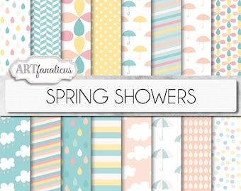 Baby Shower digital papers "SPRING SHOWERS" pink, blue, peach,yellow, umbrellas, rain, clouds, herringbone for baby shower and more