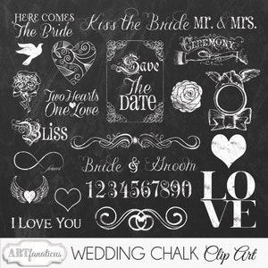 Peut inclure: Art de mariage de style tableau noir en noir et blanc avec divers motifs, notamment des cœurs, des colombes, des anneaux, des fleurs et le texte "Kiss the Bride Mr. & Mrs.", "Save the Date", "Two Hearts One Love", "Bliss", "Bride & Groom", "I Love You", "Ceremony", et "Wedding Chalk Clip Art".