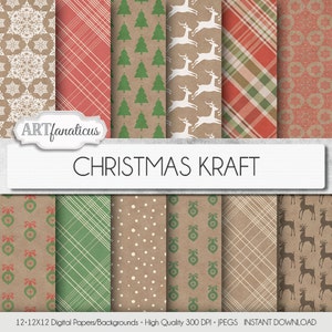 Grunge minable, de papier Kraft de Noël « Noël KRAFT », papier kraft, papier à carreaux, rouge vacances, renne, des flocons de neige, Noël et ornements