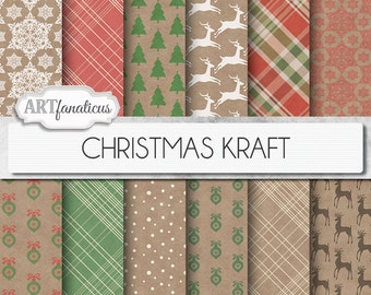 Christmas Kraft Paper "CHRISTMAS KRAFT" shabby, grunge, kraft paper, plaid paper, red holiday, reindeer, snowflakes, xmas and ornaments