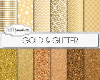 May include: A set of 12 digital papers featuring gold and glitter patterns. The patterns include geometric shapes, stars, and polka dots. The papers are perfect for scrapbooking, card making, and other craft projects.