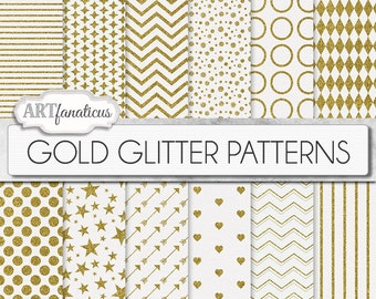 Gold glitter papers "GOLD GLITTER PATTERNS" white gold glitter patterns, gold chevron,hearts, polkadots, stars on white textured background