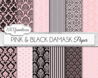 Pink damask papers "PINK & BLACK" pink and black background with black, white, pink damask for scrapbooking, invitations, cards and more