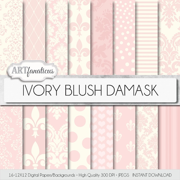 Ivory Damask digital papers "IVORY BLUSH DAMASK" pale pink, off white damask, weddings,showers, scrapbooking,birthday, invites,home décor